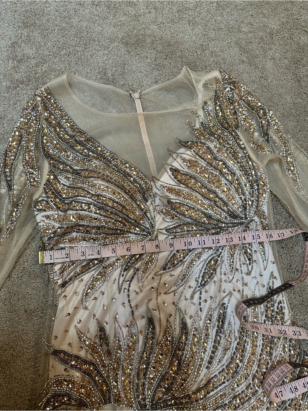 Amelia Couture Ivory/Gold Sheer Beaded Tulle Formal Gown Long Maxi Dress Sz 14 - Picture 7 of 9